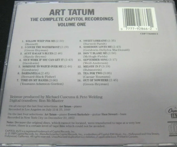 The Complete Capitol Recordings Volume One Art Tatum 1989 CD Top-quality