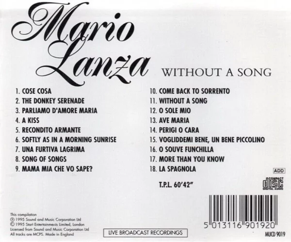 Without a Song Mario Lanza 1995 CD Top-quality Free UK shipping