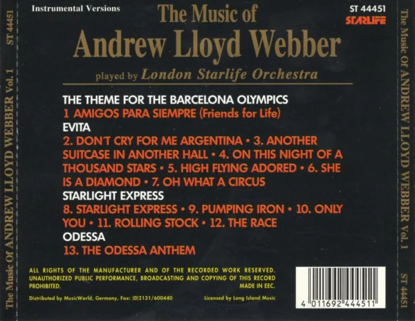 The Music Of Andrew Lloyd Webber Vol1 London Starlife Orchestra CD Top-quality