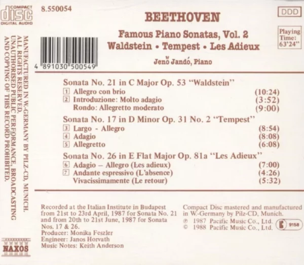 Beethoven - Piano Sonatas, Vol. 2 Jeno Jando 1988 CD Top-quality