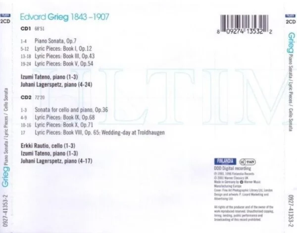 Grieg - Piano Sonata Lagerspetz, Tateno 2001 CD Top-quality Free UK shipping