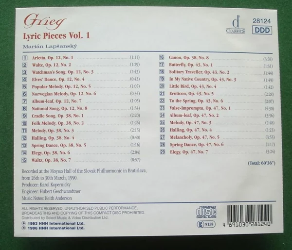 Grieg Lyric Pieces Vol 1 Grieg (Marian Lapsansky) 1996 CD Top-quality