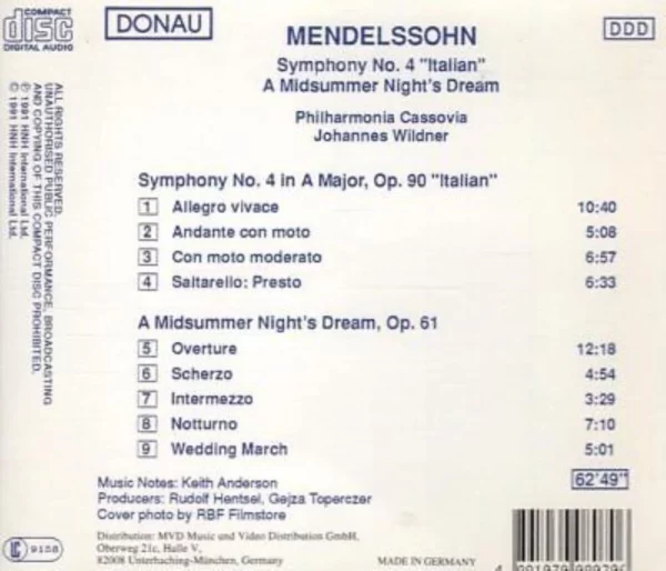 Mendelssohn - Symphony No. 4 Italian Philharmonia Cassovia 1991 CD Top-quality