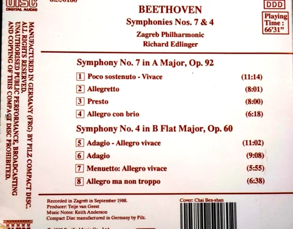 Symphonies Nos. 7 & 4 Beethoven 1988 CD Top-quality Free UK shipping