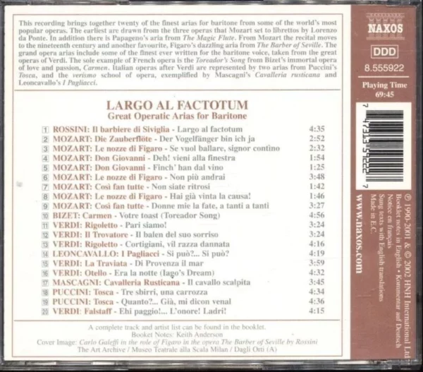 Largo Al Factotum: Great Operatic Arias For Baritone Various Artists 2002 CD