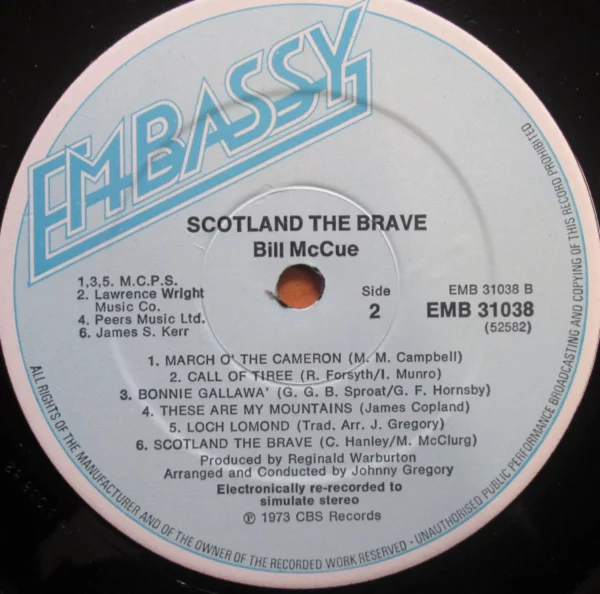 Bill McCue ‎– Scotland The Brave EMB 31038 Bill McCue 1973 Records Top-quality