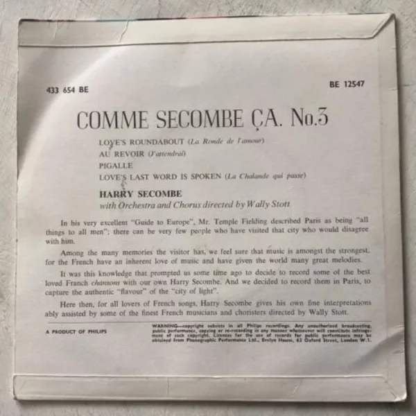 Comme Secombe Ca No. 3 BE 12547 Harry Secombe 1963 Records Top-quality