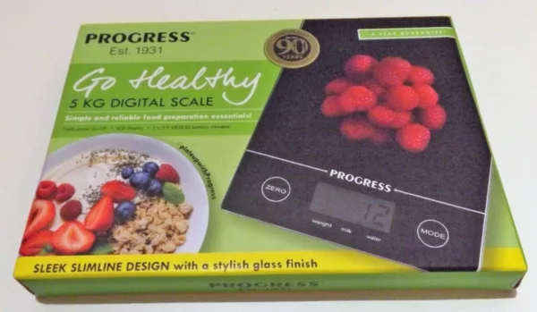 Progress Go Healthy 5KG Digital Kitchen Scale - Stylish Black Design -Easy Clean