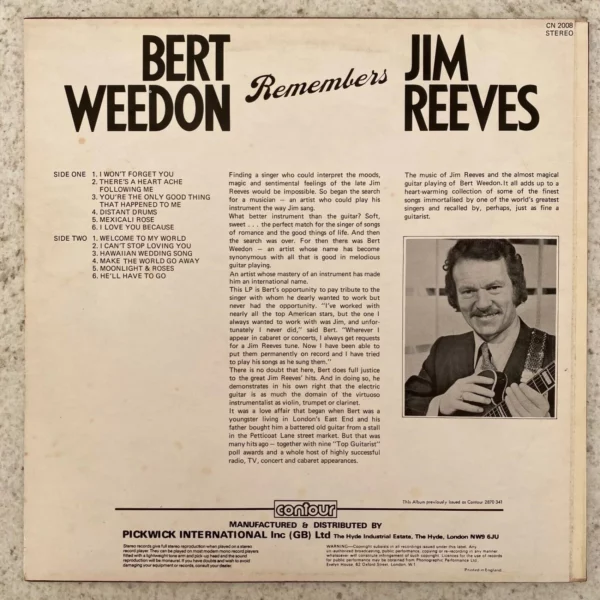 Remembers Jim Reeves Bert Weedon 1973 Records Top-quality Free UK shipping