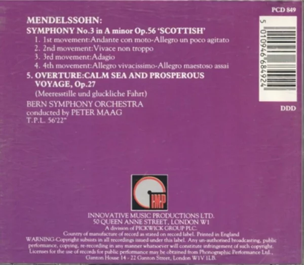 Symphony No. 3 in A Minor Op. 56 'Scottish' / Overture Calm Sea Mendelssohn 1987