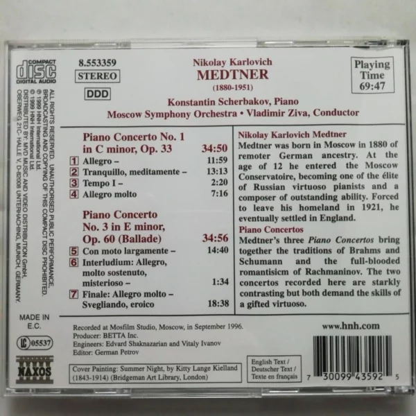 Medtner: Piano Concertos Nos 1 & 3 Konstantin Scherbakov 1999 CD Top-quality