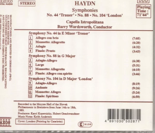 Symphonies No.44 'Trauer'-No 88-No 104 'London' Joseph Haydn 2003 CD Top-quality