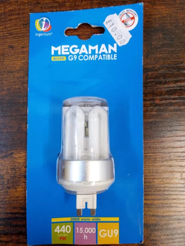 Megaman 9W = 45w 3000k G9 lamp 4u109i 37mm x 75mm compact fluorescent.