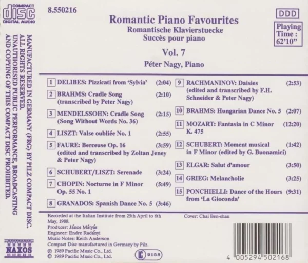 Romantic Piano Favourites, Vol. 7 Péter Nagy 1989 CD Top-quality