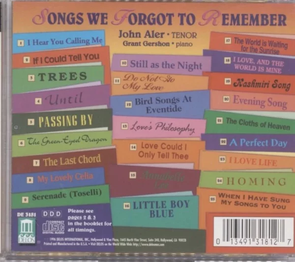 Songs We Forgot to Remember John Aler/Grant Gershon 1996 CD Top-quality