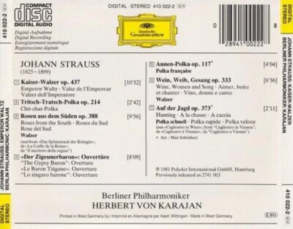 J Strauss: Kaiserwalzer Berlin Philharmonic Orchestra 1981 CD Top-quality