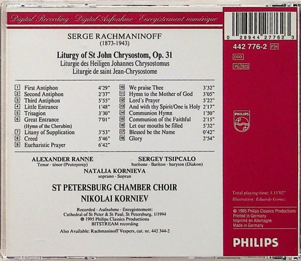 Sergei Rachmaninov : Liturgy of St. John Chrysostom various 1995 CD Top-quality