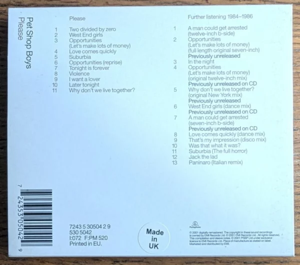 Please Pet Shop Boys 2001 CD Top-quality Free UK shipping