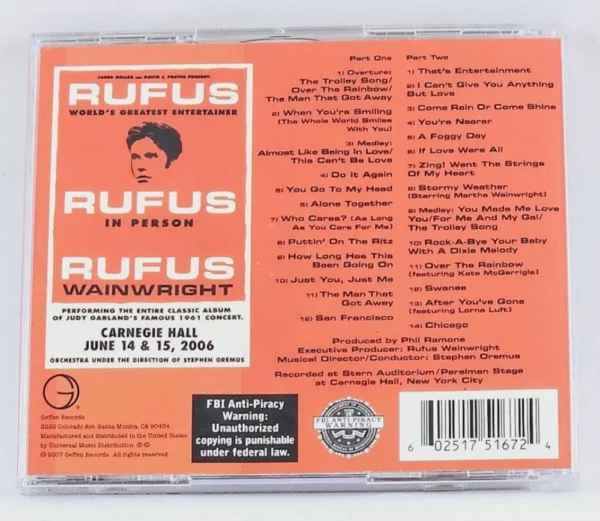 Rufus: Rufus Does Judy At Carnegie Hall Rufus Wainwright 2007 CD Top-quality