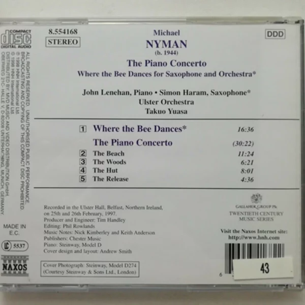 Piano Concerto / Where the Bee Dances Michael Nyman 1998 CD Top-quality