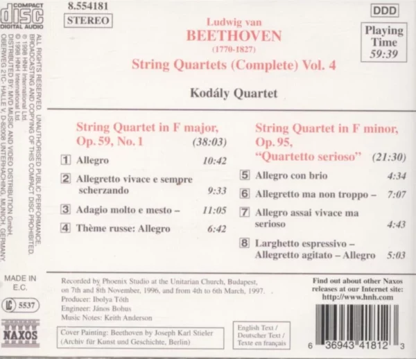 String Quartets (Complete) Vol. 4 Ludwig van Beethoven 1996 CD Top-quality