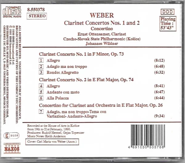 Clarinet Concerto Nos. 1 and 2 Weber 1990 CD Top-quality Free UK shipping