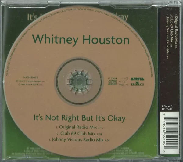 It's Not Right But It's Okay Whitney Houston 1998 CD Top-quality