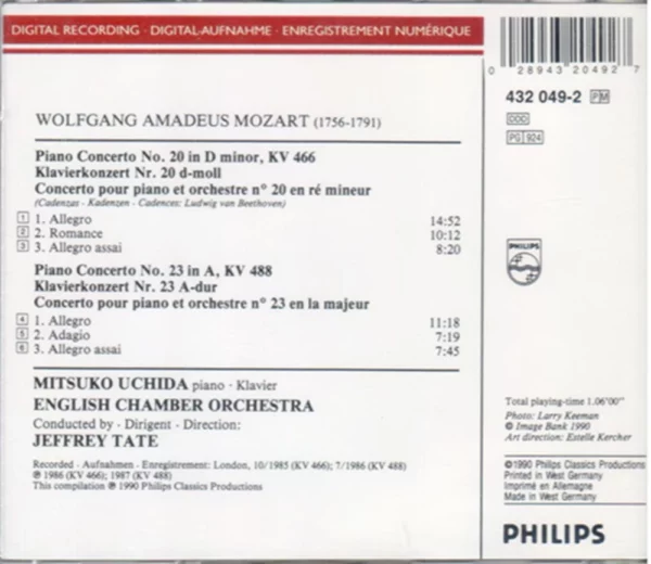 MOZART PIANO CONCERTOS NO 20 NO 23 various 1990 CD Top-quality Free UK shipping