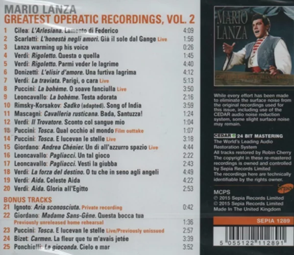 Greatest Operatic Recordings Volume 2 Mario Lanza 2015 CD Top-quality