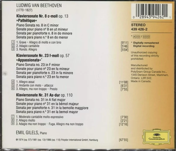 Beethoven - Piano Sonatas 8,23,31 Gilels CD Top-quality Free UK shipping