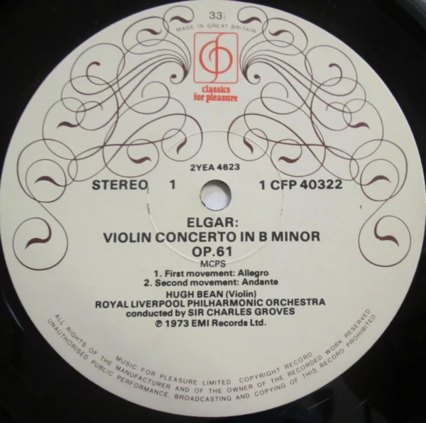 Elgar Violin Concerto Hugh Bean Charles Groves Hugh Bean / Sir Charles Groves