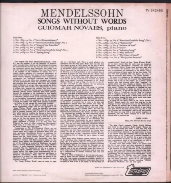 Mendelssohn-Bartholdy , Guiomar Novaes - Songs Without Words 1961 Records