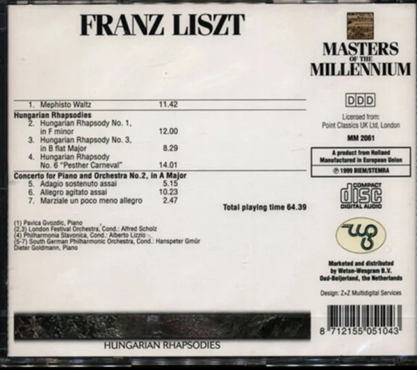 Masters Of The Millennium Hungarian Rhapsodies Franz Liszt 1999 CD Top-quality